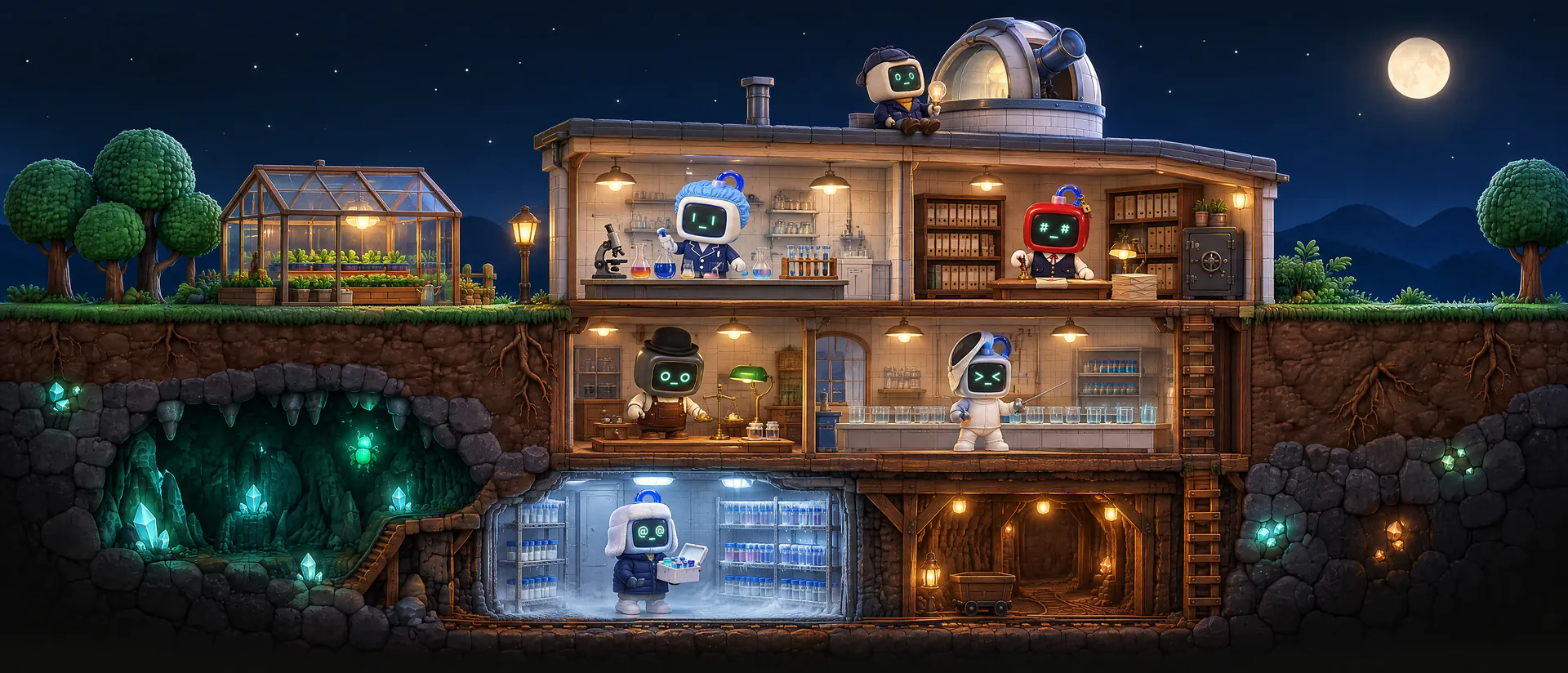 the lab at night, cut open like a doll's house: hunch on the roof by the observatory with a light bulb, bench at a chemistry bench, seal sealing a letter in the records room, assay at a balance scale, foil fencing at a row of beakers, and atlas in the cold room under the ground with a box of samples